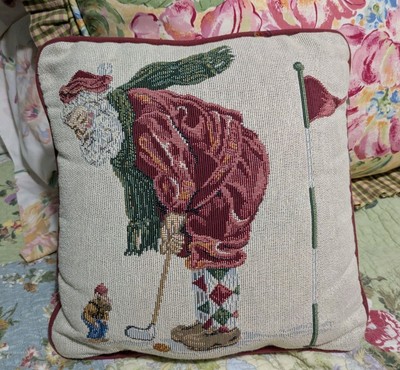 Cross Stitch Santa Golfing Throw Pillow 12'' Plush Putting Christmas Elf Red Back