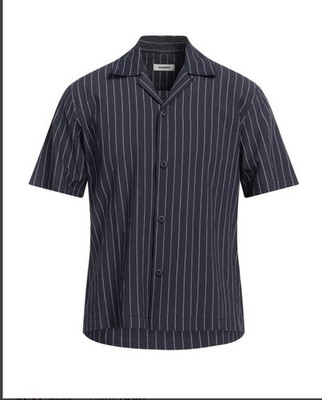 NWT Sandro Men s Camp Collar Marine Short Sleeve Button Up With Pinstripe Size S