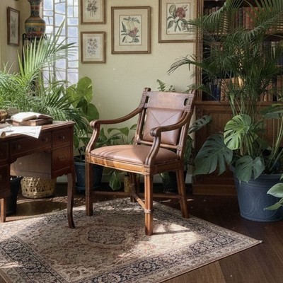 Vintage, Tropical British Colonial Style Rattan And Wicker Leather Armchair