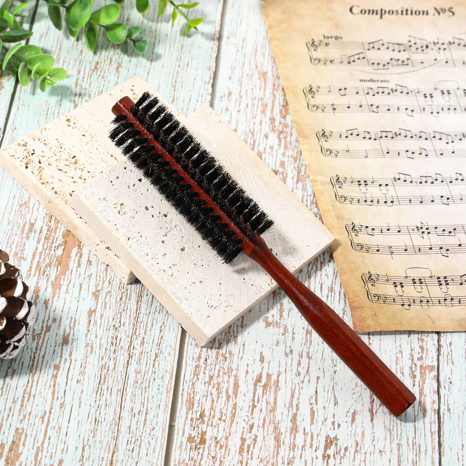 Small Boar Bristle Hair Brush, Portable Round Natural Bristle Travel Brush wi...