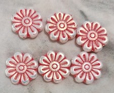 Six Czech glass beads 18mm Hibiscus Flower in white with pink accent