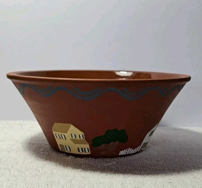 Antique Redware Pottery Bowl Hand-painted Village Design Rustic Folk Art RARE - Image 1 of 4