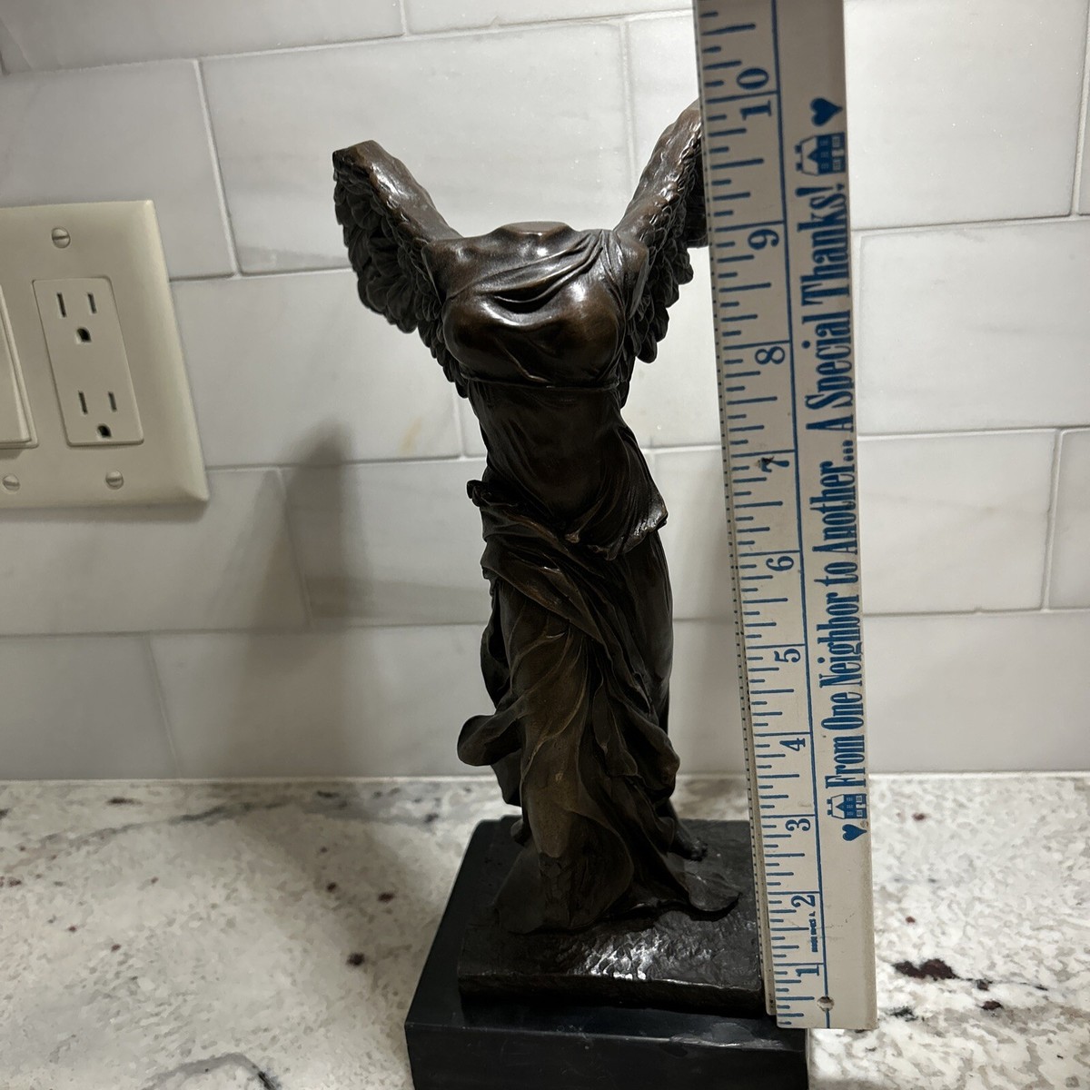 Vintage Solid Bronze Sculpture Goddess Nike on Black Marble Base