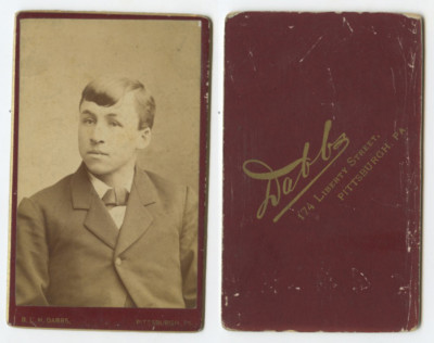 CDV STUDIO PORTRAIT BY DABBS, YOUNG MAN FROM PITTSBURGH, PA, GRAPHIC BACK