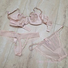 Victoria's Secret Dream Angels unlined bra set embroidery pink rose bud sheer