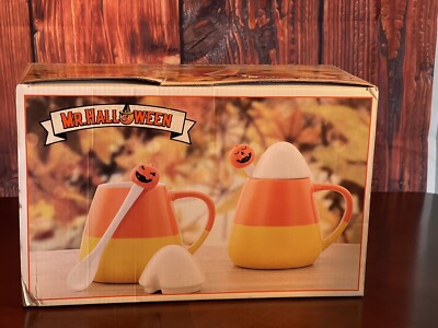 Candy Corn Mugs Set  2 w/Spoon Hot Cocoa Tea Coffee Mr. Christmas Mr. Halloween