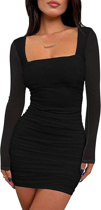 BORIFLORS Women's Sexy Ruched Bodycon Mini Dress Mesh Long Sleeve