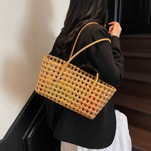 Solid Color Tote Bag Woven Beach Bag Fashion Handbag - Picture 5 of 19