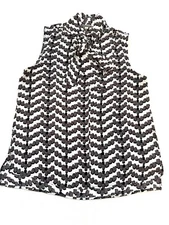 Pleione Blouse M Sleeveless White Brown Black Large Dot Geometric Neck Tie EUC