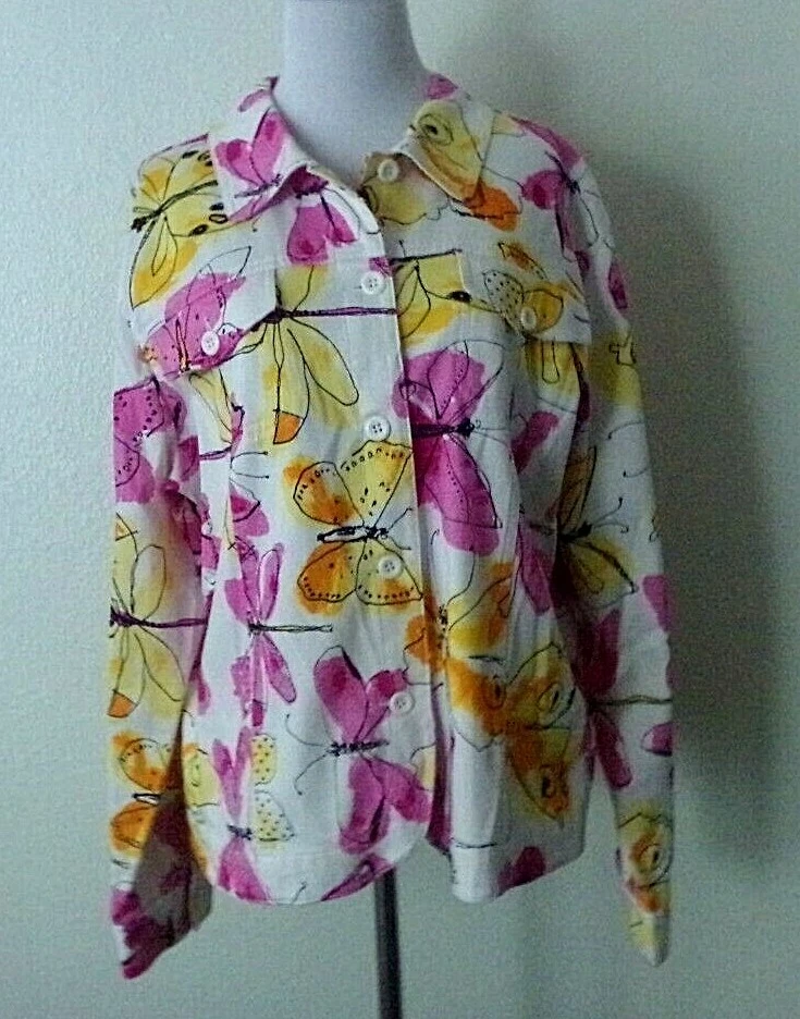 ERIN WOMENS BUTTON UP JACKET WHITE PINK YELLOW BUTTERFLIES POCKETS COTTON X-LRG - Image 2 of 4
