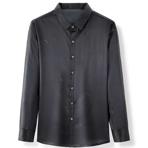 Striped Men Formal Blouse Satin Faux Silk Tops Shirts Business Casual Shiny