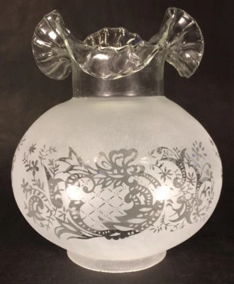 New 4" Fitter Etched Filigree Glass Gas Globe Lamp Shade w/ Crimped Top 8.5" Ht.
