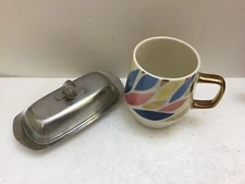 24 Gold Leaf Trimmed Spring Mug & Stainless Butter Dish Home Kitchen Dining  VTG