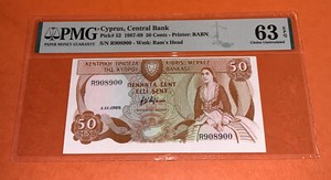 PMG Cyprus, Central Bank 50 Cents Banknote 1987-89 p52 UNC EPQ