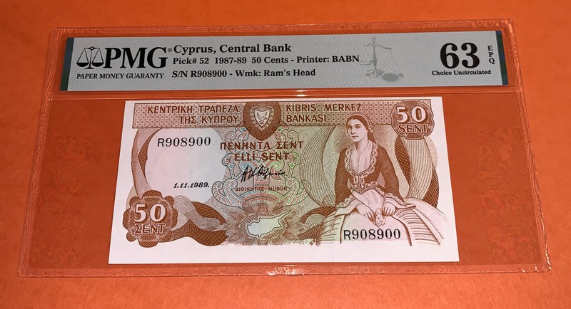 PMG Cyprus, Central Bank 50 Cents Banknote 1987-89 p52 UNC EPQ