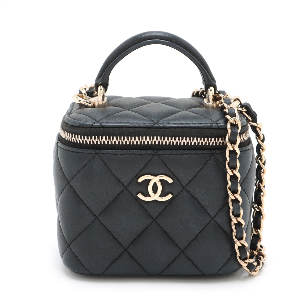 Auth CHANEL Matelasse Black Lambskin Womens Vanity Bag Crossbody