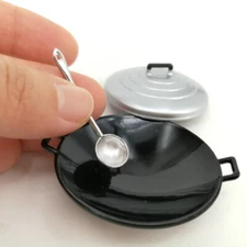 1:12 Scale Dollhouse Miniature Wok Cooking Pot Spoon Kitchen Accessorie Metal