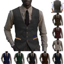 Men Vest Hipster Wool Tweed Waistcoats Herringbone Vintage Retro Wedding Hunting