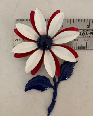 Vintage (2) Red White Blue Enamel Brooch Pin Flower Power Hippy
