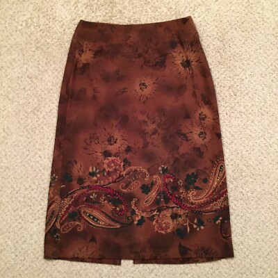 Requirements Skirt Size 10 Brown Floral Midi Unlined Microfiber