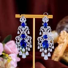 Vivid Blue CZ Oval Dangle Drop Chandelier Earrings Silver Plated Bridal Jewelry
