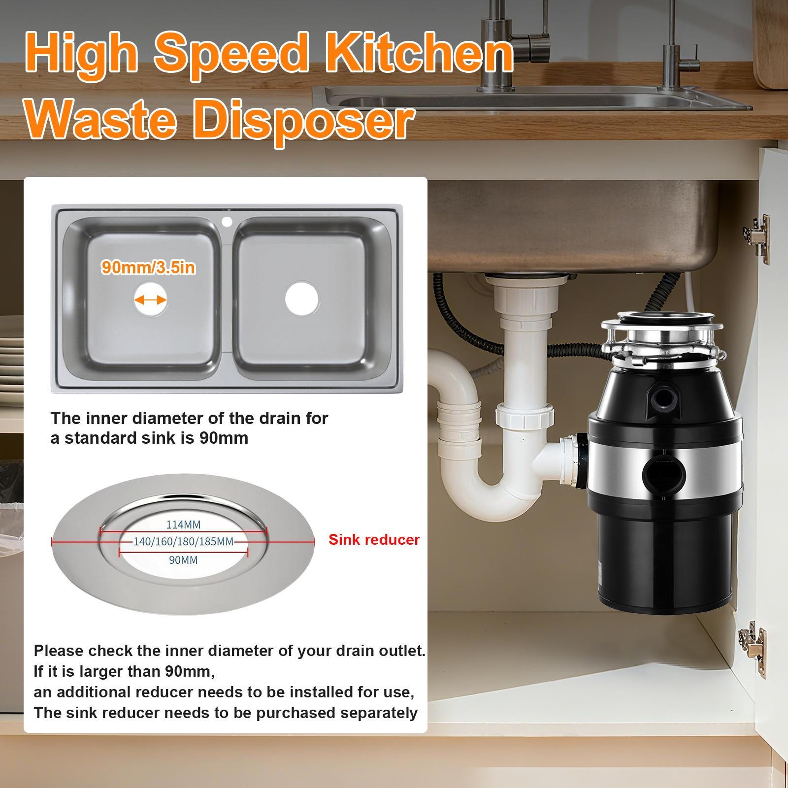 NTUD 3/4 HP Continuous Feed Garbage Disposal With Cord, Anti-Jam & Compact