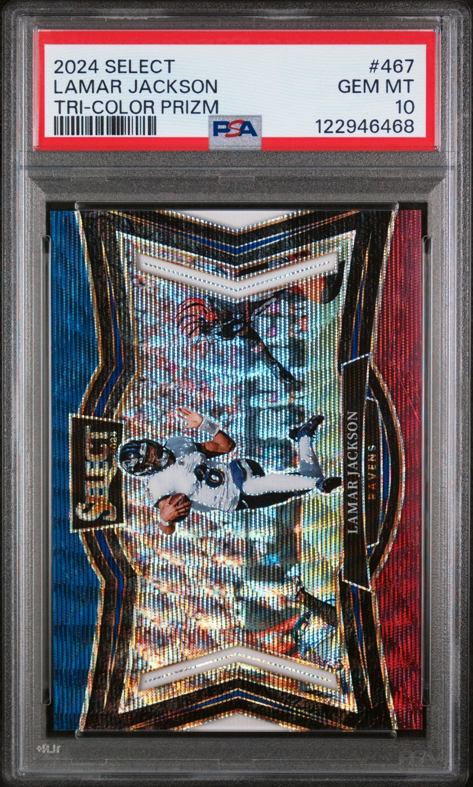 Lamar Jackson 2024 Select Tri Color Prizm 80/99 PSA 10 #467