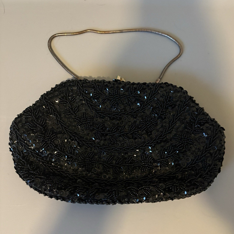 GMB Black Beaded Evening Handbag with Metal Frame Handle, Handmade Hong Kong