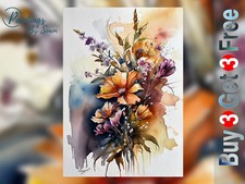 Wild Floral Bouquet Watercolour Print | Orange Purple Flowers Wall Art