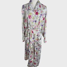 Vintage Victorias Secret Gold Label Floral Jacquard Satin Robe White PS Long