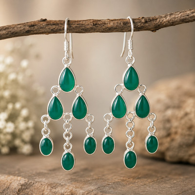 Gemifyer Ohrringe 925 Sterling Silber Grüner Onyx Anhänger-Ohrring Natur