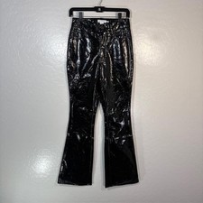 Good American Pants Womens 0/25 Black Faux Leather Flare Leg Zip Pockets Coated