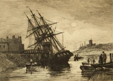 Mathew White Ridley signed original antique etching; Bristol Harbour 1880