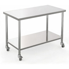 Stainless 2-Tier Work Table Wheels Undershelf Pre-Assembled Feet Restaurant Home