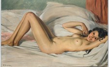 Daniel SABATER Y SALABERT.  Nu féminin allongé. Peinture huile sur toile signée.