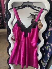 Women  s Pink Satin Full Slip, Black Lace Trim, Spaghetti Straps, Size L