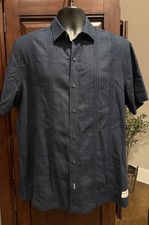 Scotch  Soda Men  s M Navy Solid Short Sleeve Woven Linen Blend Button-Up