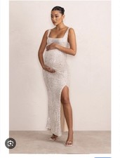 Nude sequin sparkly Club L London maternity evening dress, split hem M / 38 / 10