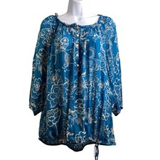 Lucky Brand Blue Hawaiian Floral Peasant Blouse Size 1X Boho Flowy Lightweight