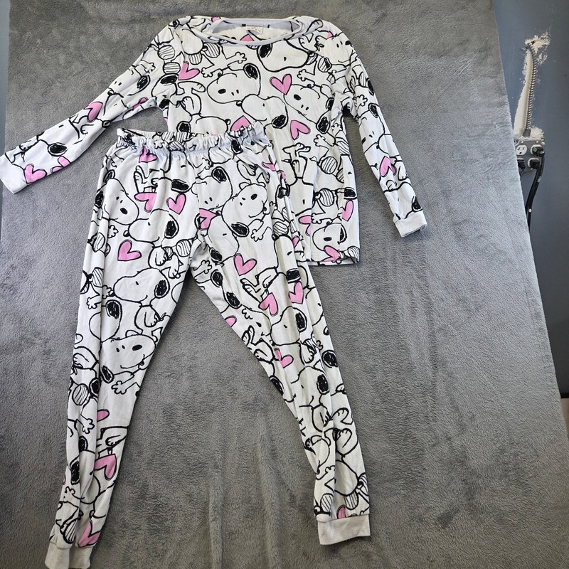 Snoopy Printed Pajama Set Girl's Size S(6-8) White Long Sleeves Elastic Collared