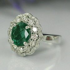 2Ct Oval Cut Natural Green Emerald Halo Engagement Ring 14K White Gold Plated