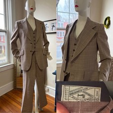 1970s Designer USA Union 3 Piece Suit Tan Gray Windowpane Herringbone Vintage