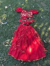 Red Sequin Belly Dance Costume Set Top Skirt Hip Scarf