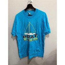 Vintage Fruit of the Loom Boat T Shirt Sailing Teal Graphic Tee USA Made