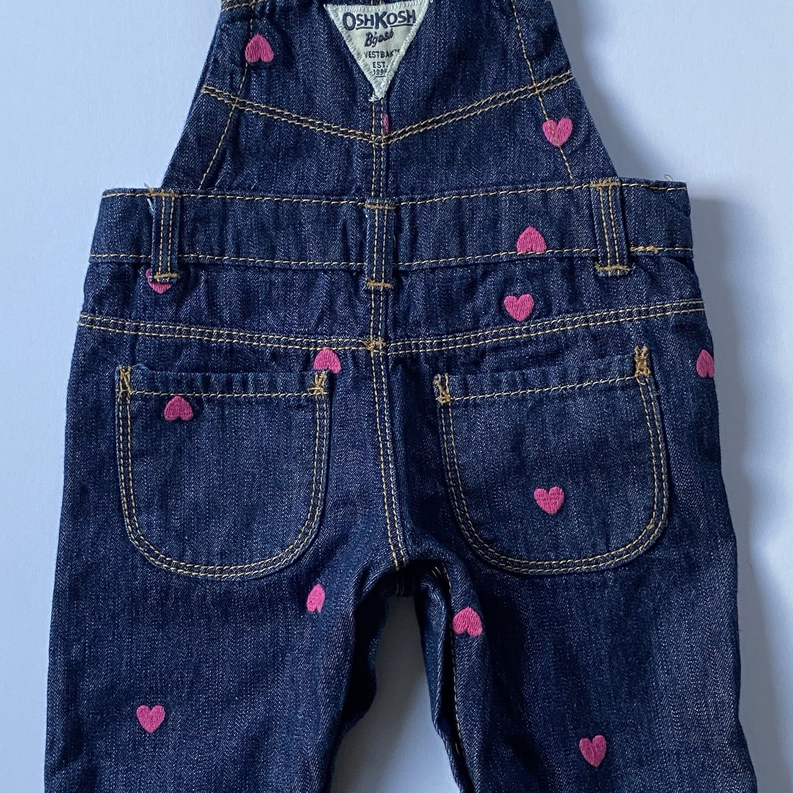 OshKosh B’Gosh Overalls Size 6 Months Pink Hearts Jeans EUC Baby Girls Osh Kosh