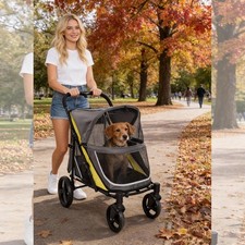 Large Pet Stroller 4 Wheels 130 Lbs, Foldable Dog Cat Cage with Foot Brake Black