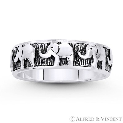 Elefant Herde Tier Totem Charm Eternity Band oxidiert 925 Sterling Silber Ring