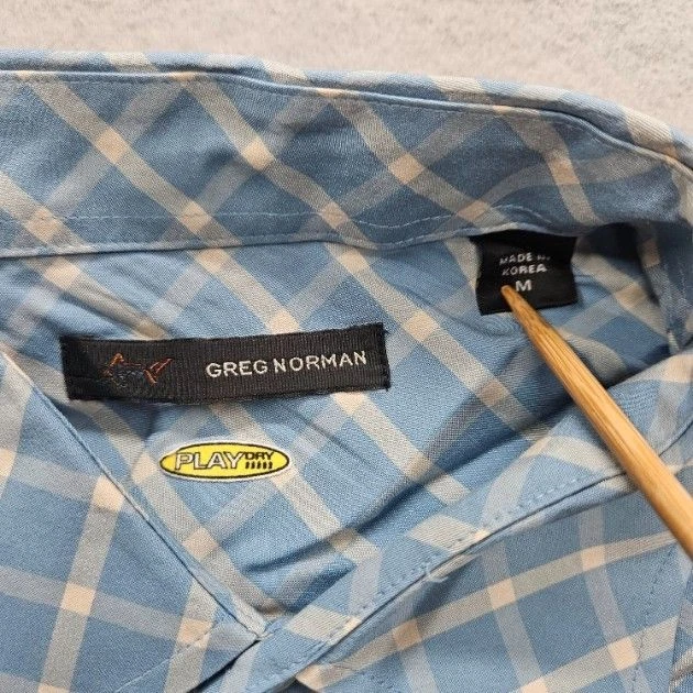 Greg Norman Men's Size Medium Blue Cream Plaid Long Sleeve Button Down Shirt - Image 3 of 4