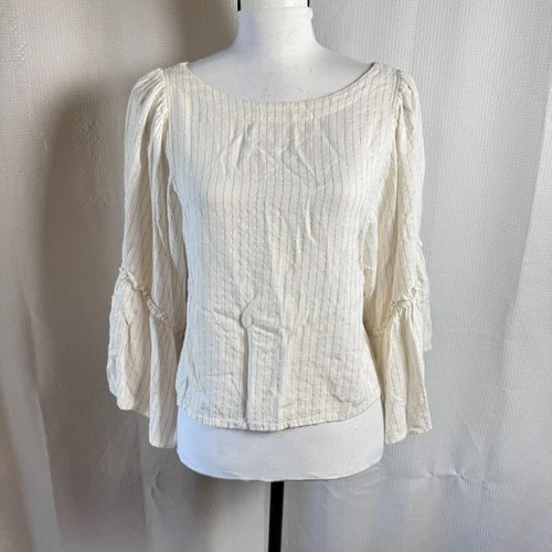Anthropologie Floreat Womens Sz XS Ivory Gold Striped Poet Sleeve Peasant Blouse