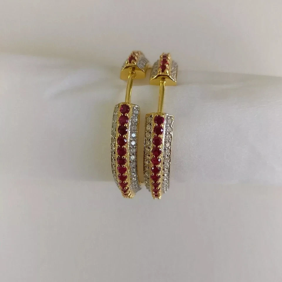 1.10Ct Round Cut Lab Created Red Ruby Women Hoop Earrings 14K Yellow Gold Plated - Image 3 of 4